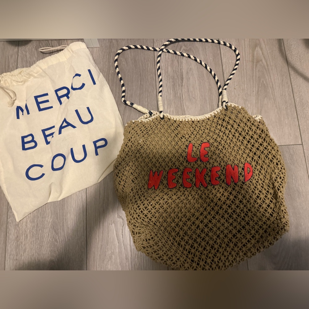 Clare V Tan Woven Tote with Red Accents